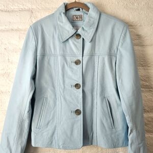 VTG 90'S Powder Blue Leather Jacket Sz L